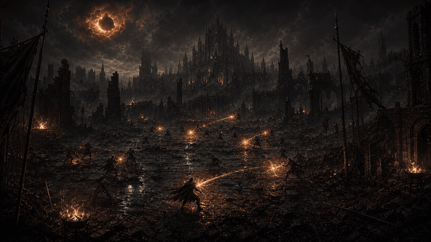 Campo de batalha em ruinas com magia manual e duelo letal