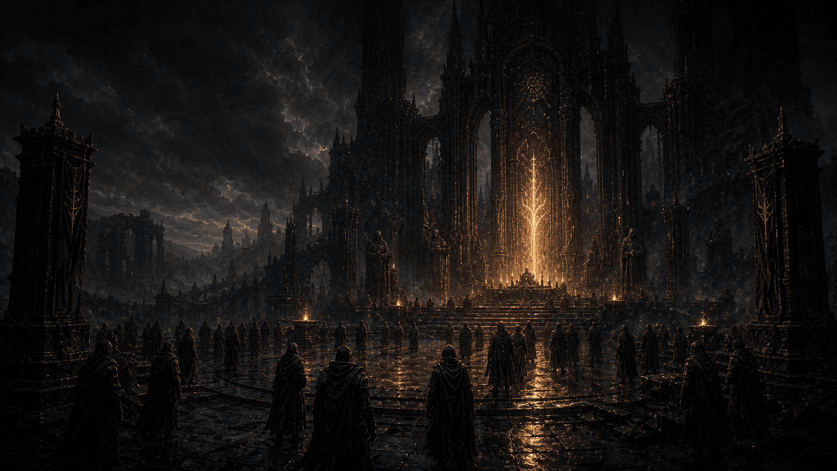 Peregrinos reunidos em um santuario monumental sob magia dourada ancestral